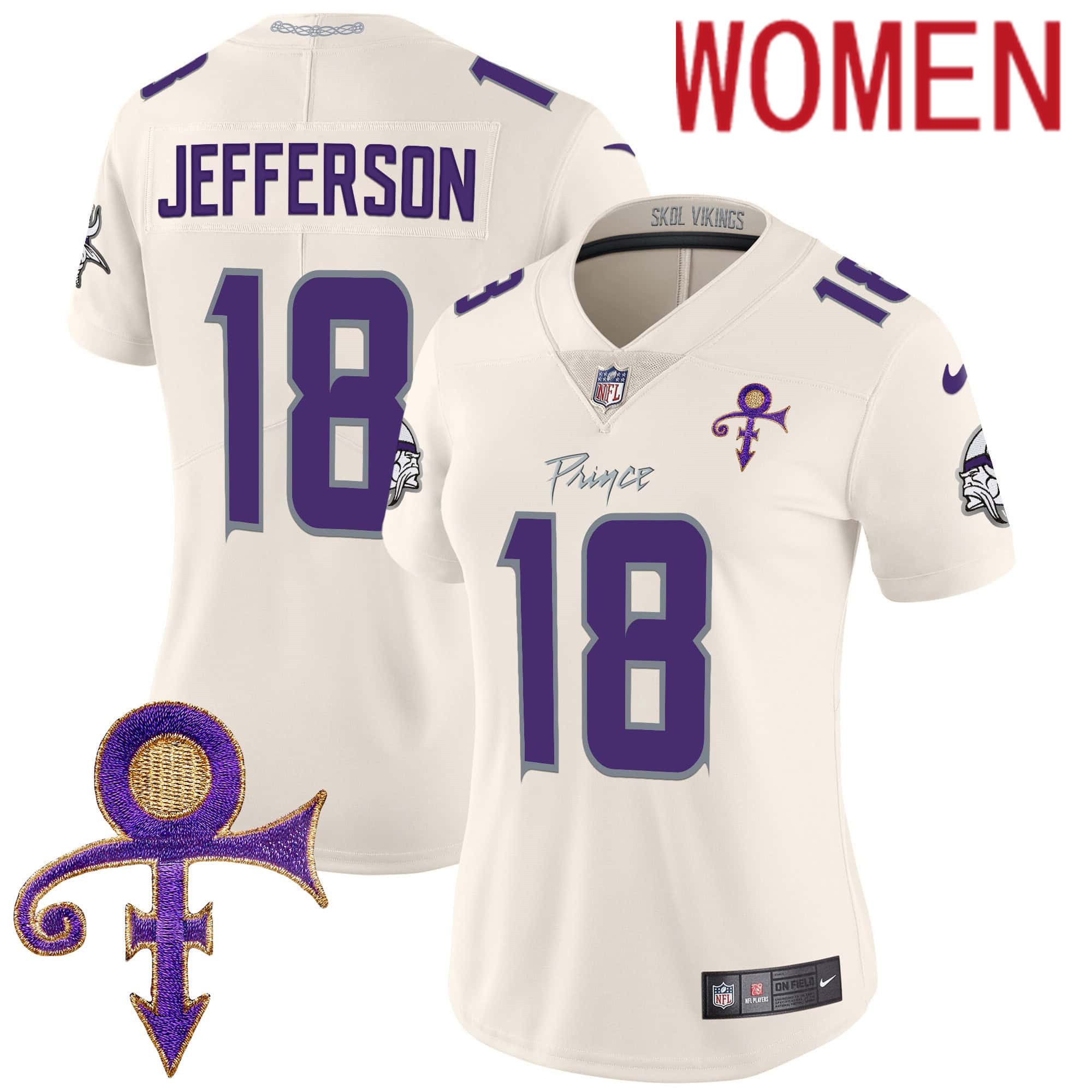 Women Minnesota Vikings 18 Jefferson Cream 2024 Nike Prince Vapor Limited NFL Jersey